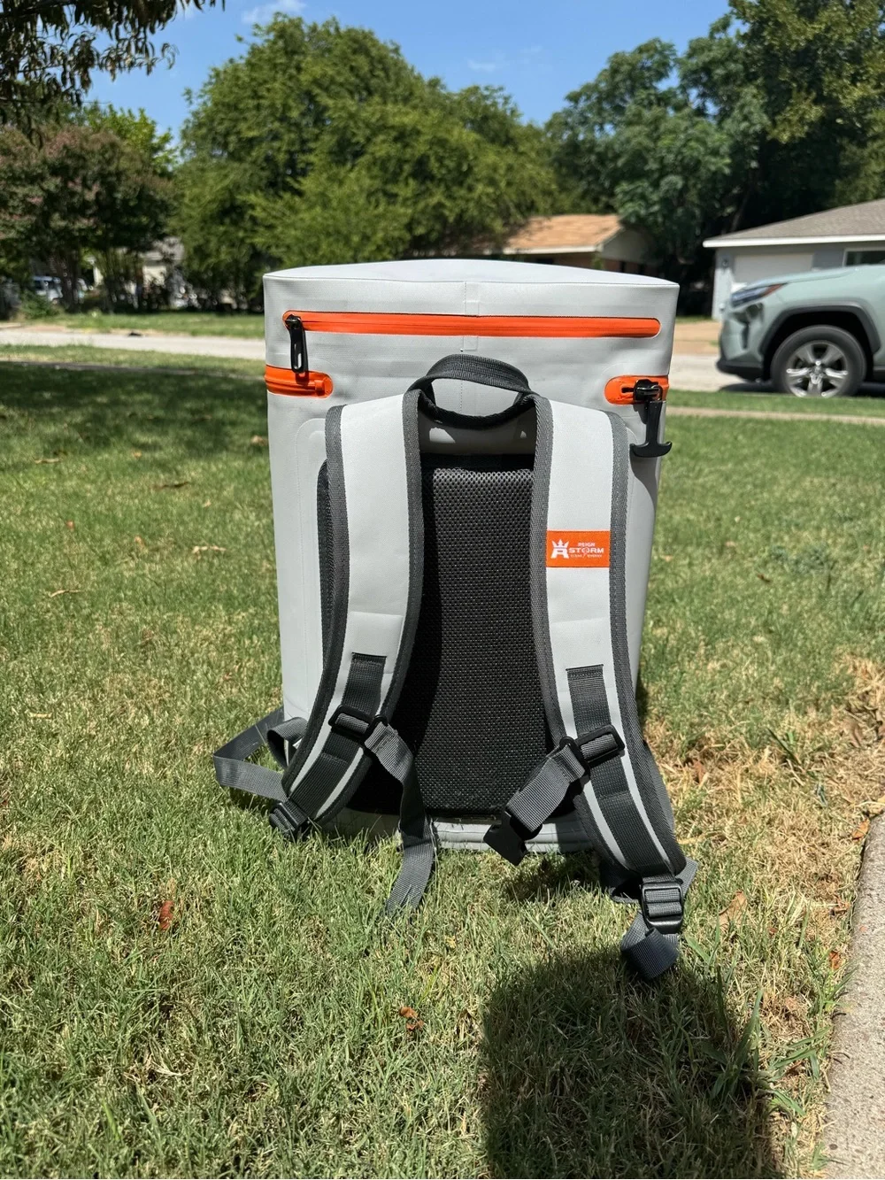 Reign Light Gray Cooler Backpack with Orange Zipper